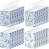 Honoson 24 Pcs Blue White Floral Paper Gift Bags with Handle 8.3'' x 5.9'' x 3.15'' Valentines Chinoiserie Flower Bags China Element Paper Bag for Wedding Birthday Baby Shower Party Supply