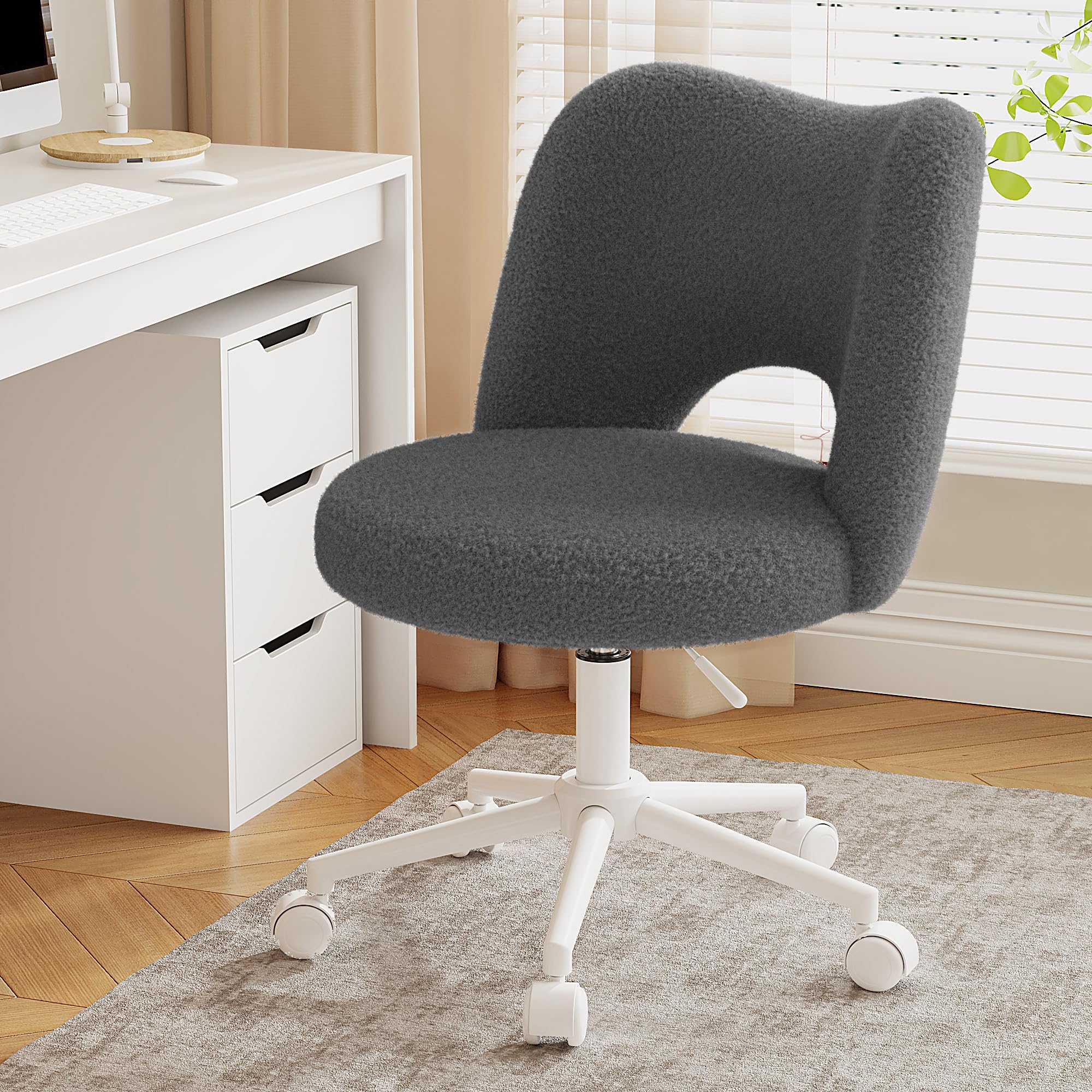 DurayLoly Vanity Chair with Wheels Armless, Cute Vanity Chair with Back,Ultra-Plush Fleece Cute Desk Chair, Small Office Chair Height Adjustable,for Make-up Room,Bedroom,Grey