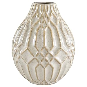 Stone & Beam Modern Ceramic Vase With Geometric Pattern, 7.7"H, White
