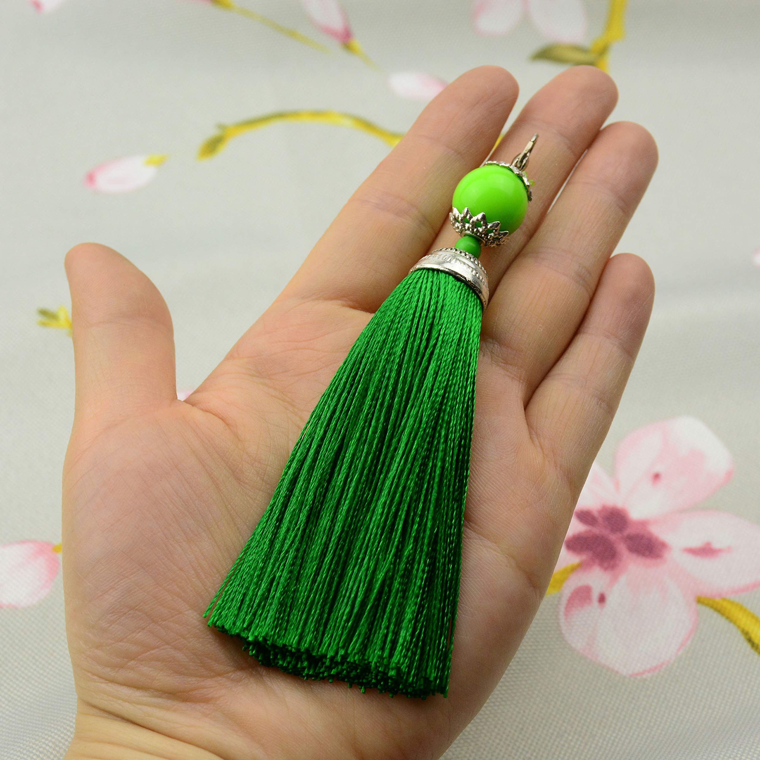 Makhry 10pcs 4.5 Inch Handmade Silky Floss Lobster Clasp Tassel Key chain Beads Bookmark Tassel Pendant for DIY Craft Jewelry Women Earring(Green, Short)