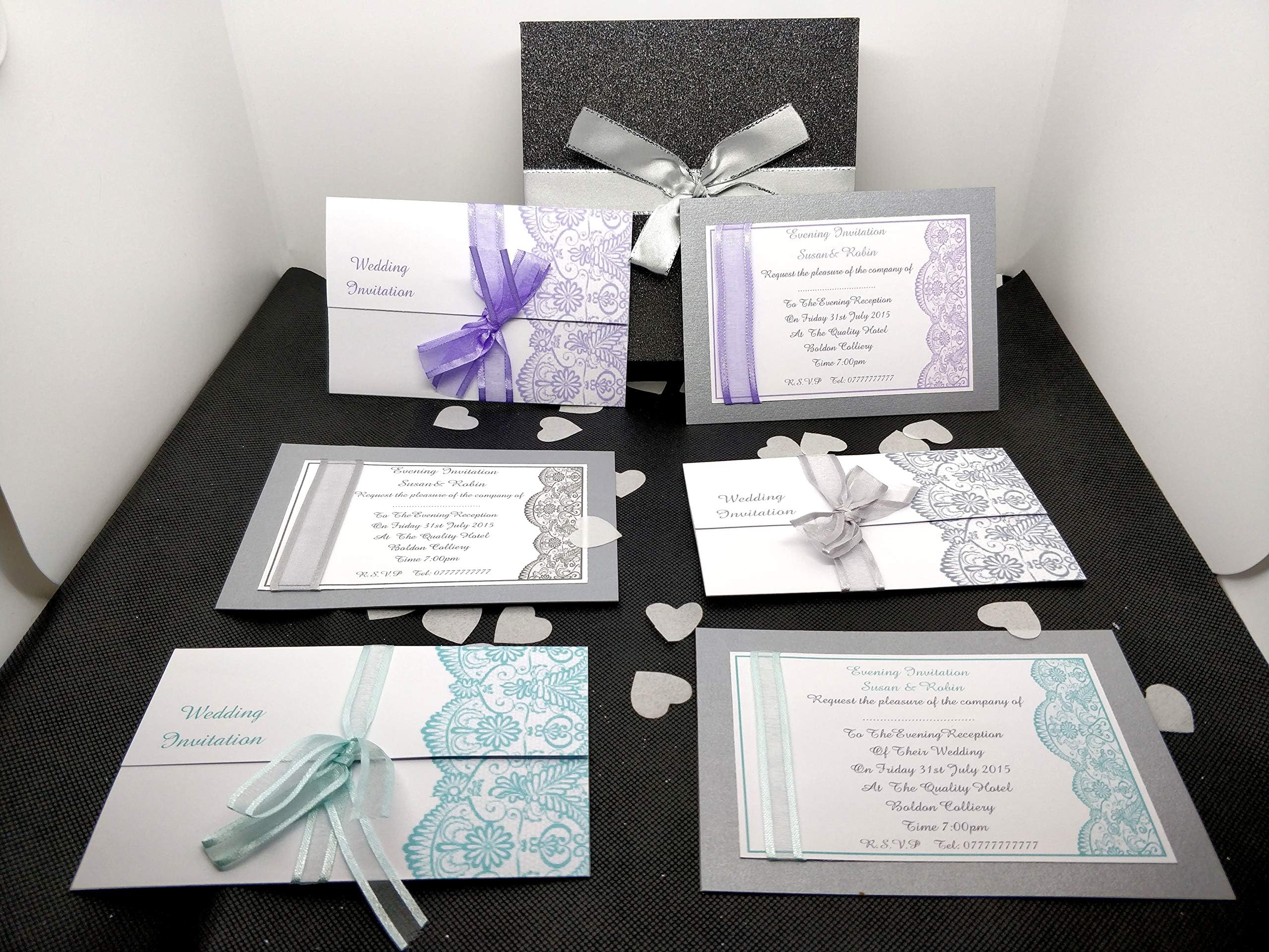 New 25, 50, 75, or 100 WA - Wedding Invitations &/Or Evening Invitations Personalised. With Lace Design & Organza Ribbon, 10 Colours & 2 Styles To Choose From With Envelopes