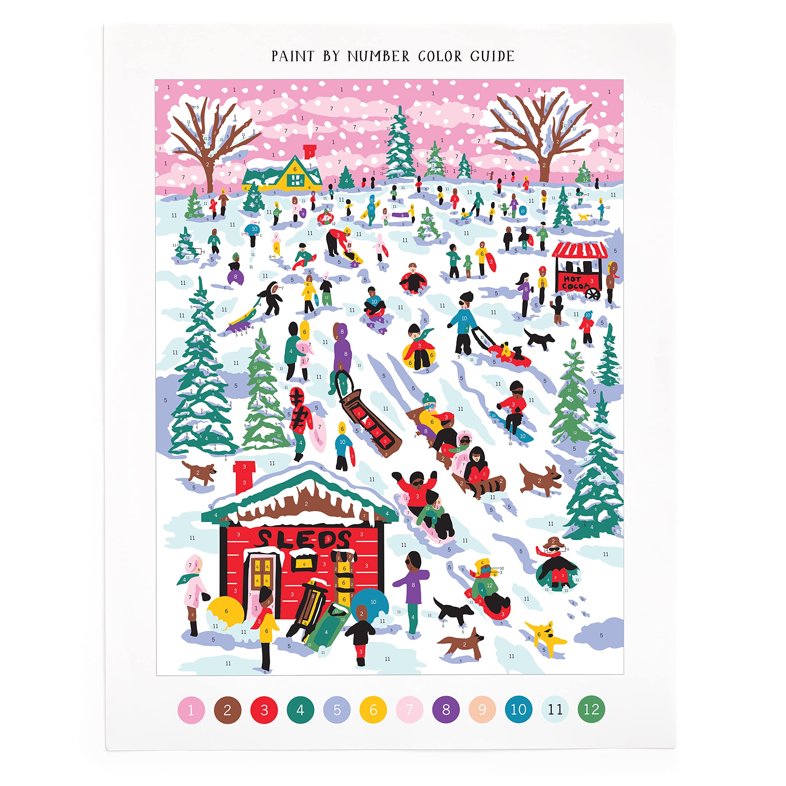 Galison Michael Storrings Snow Day – DIY Paint by Number Kit with Stunning Snow Day Sledding Art for Beginners and Experts Includes Easel Paint and Brushes,White