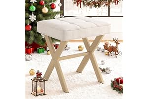 LUE BONA Square Linen Makeup Stool, Metal X Legs, Small Ottoman Stool Chair for Vanity, Modern Padded Seat Foot Rest for Makeup Room, Bathroom
