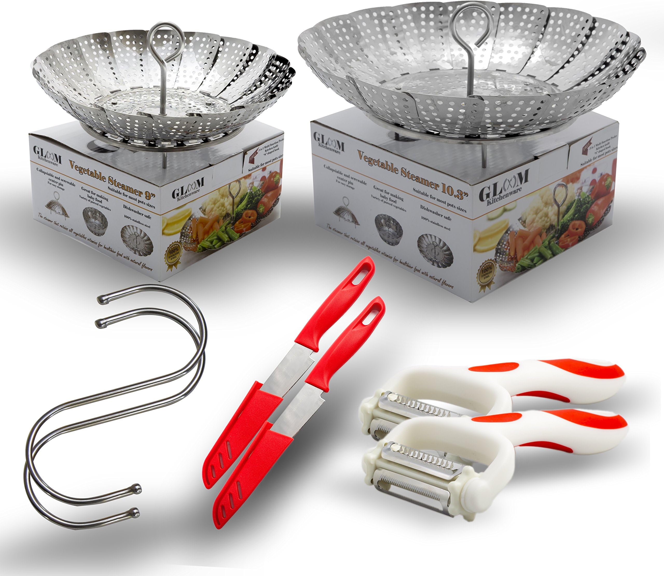 Summer Set of 2 Vegetable Steamer Baskets (standard+large) with 2 BONUS Sets - Fits Instant Pot and Pressure Cooker, steam food insert