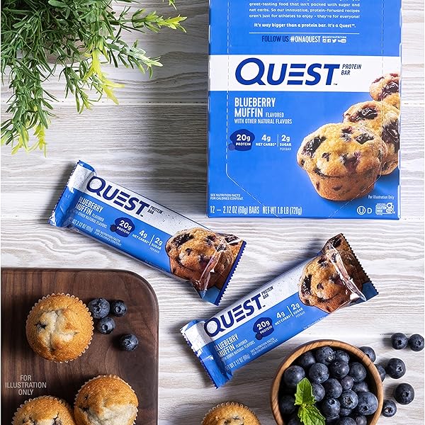 QUEST NUTRITION BLUEBERRY MUFFIN PROTEIN BARS, 20G PROTEIN, 2G SUGAR, 5G NET CARB, GLUTEN FREE, KETO FRIENDLY, 12 COUNT