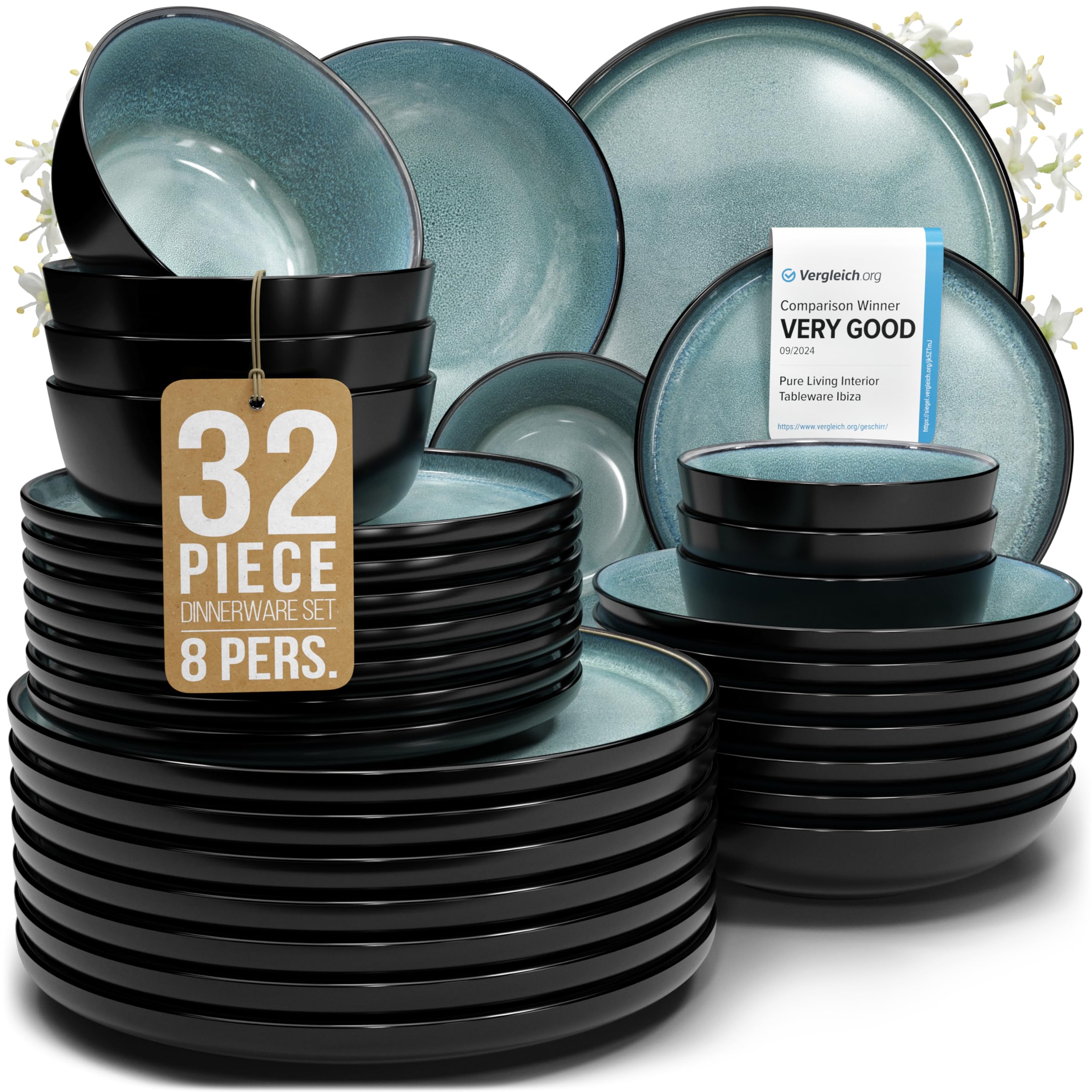 Photo 1 of ****UNKNOWN IF MISSING/BROKEN PIECE***** 32 Piece Dinnerware Sets for 8 - Modern Style Stoneware Dinnerware Set - Scratch Resistant, Dishwasher Safe Plates and Bowls Sets Ceramic, Dish Set, Bowl and Plate Set - Black and Petrol Blue…