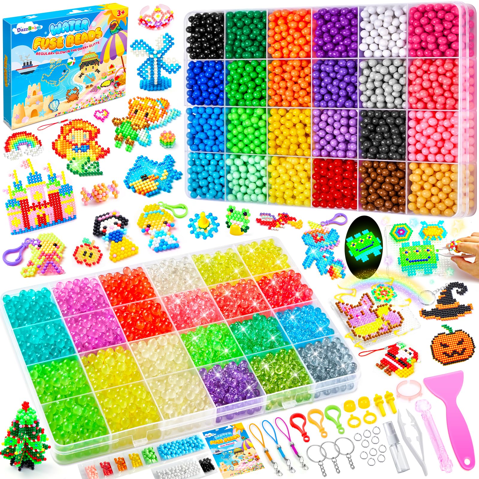 DazzBoom 5100+ Wasserperlen für Kinder Set 42 große Gitter 36 Farben Feste Wassernebelperlen 6 Farben leuchtende Wassernebelperlen Bunte Wasserperlen für Kinder ﻿