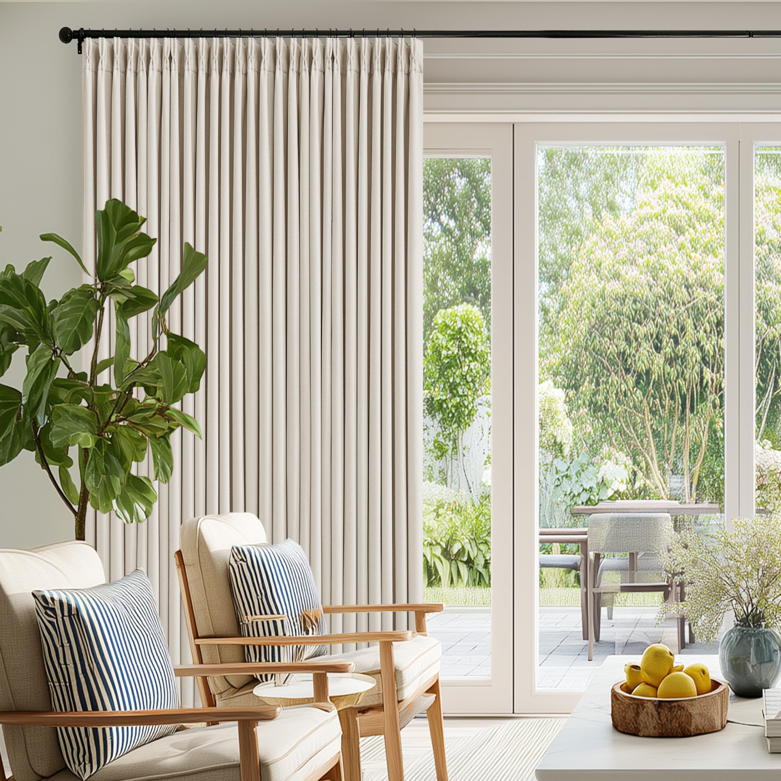 Photo 1 of Pinch Pleated Blackout 102 Inch Curtains 70 Inch Wide Linen Dual Layer Soundproof Farmhouse Bedroom Window Curtains for Living Room Cream Natural Hooks Rings Back Tab 100% Black Out Drapes 1 Panel