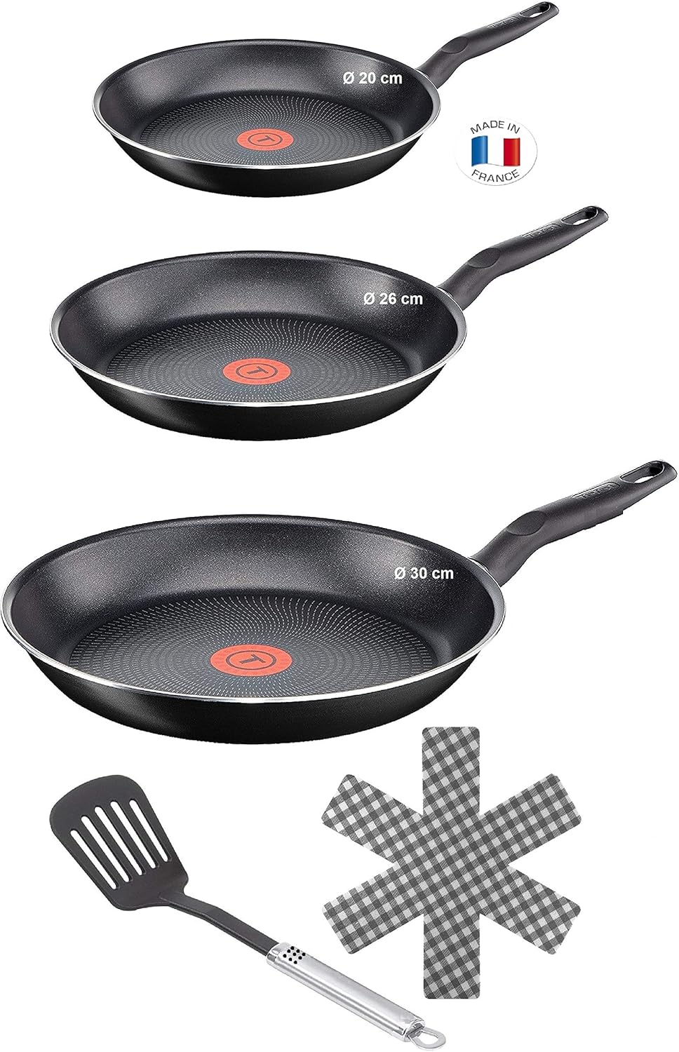 Tefal B30110 ExtraGlide Pfannenset 5 tlg, 20,26 und 30cm, Pfanne für täglichen Bedarf, Teflon Antihaftbeschichtung, Bratpfanne mit Temperaturanzeige, inkl. Pfannenwender und Pfannenschoner