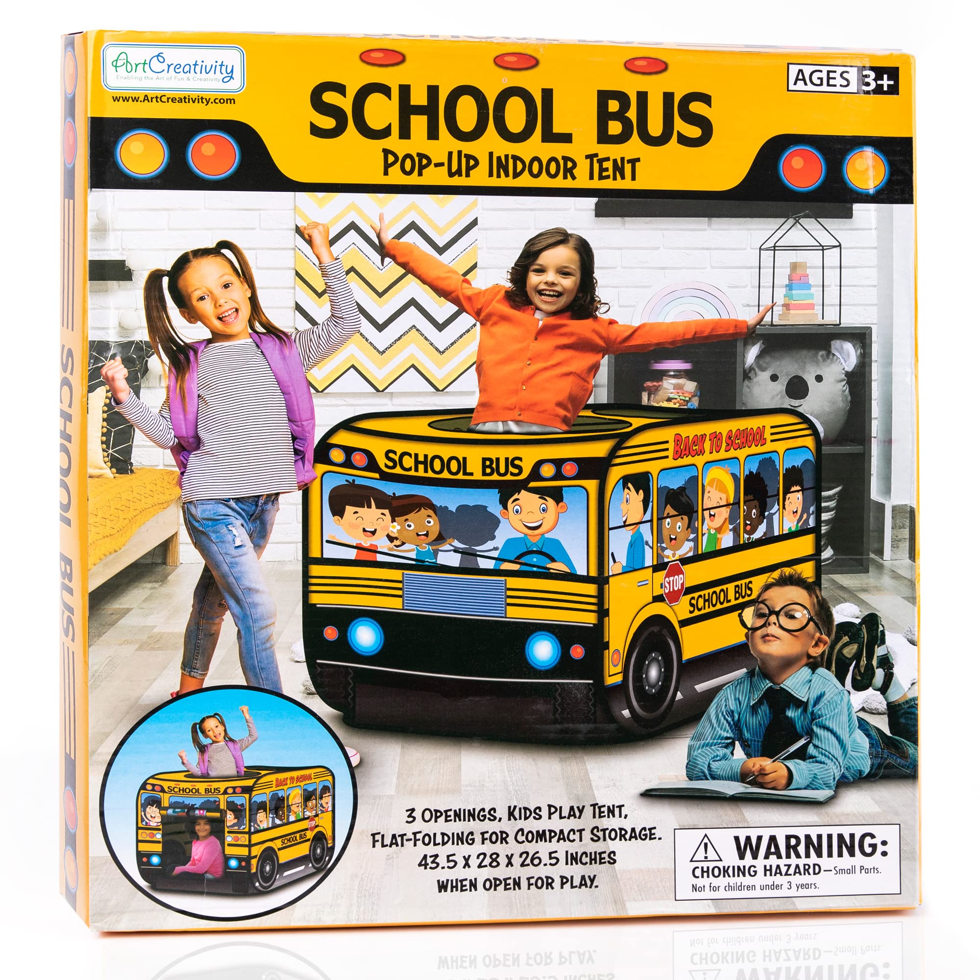 ArtCreativity Yellow Pop Up School Bus Tent with Carry Bag - Indoor Playhouse with 2 Openings, Pop Up Bus Toy Play Tent - Compact Storage - 43.5 x 28 x 26.5 Inches