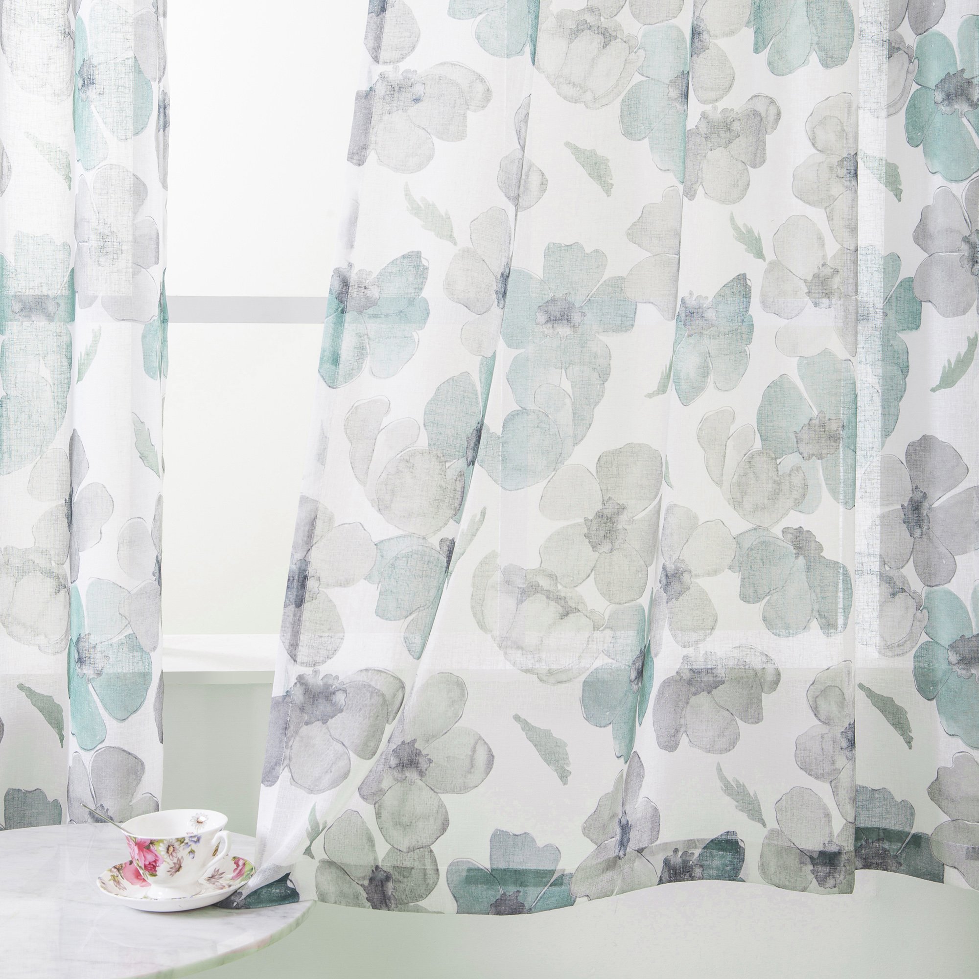 Floral Print Curtain Panel, Faux Linen Grommet Top Window Drapes,Room