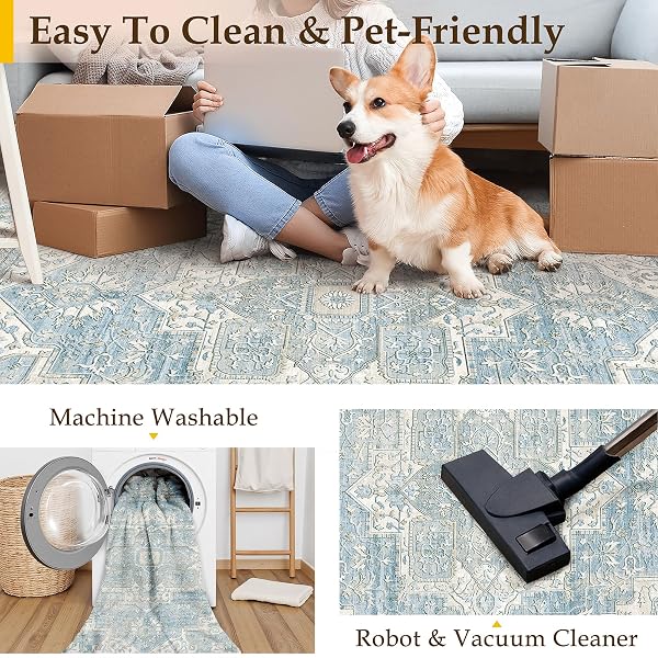 WONDRG 5X7 WASHABLE VINTAGE AREA RUG BLUE ORIENTAL LIVING ROOM BEDROOM THROW RUG NEUTRAL NON SLIP SOFT LOW PILE CARPET FOR DINING ROOM OFFICE NURSERY INDOOR