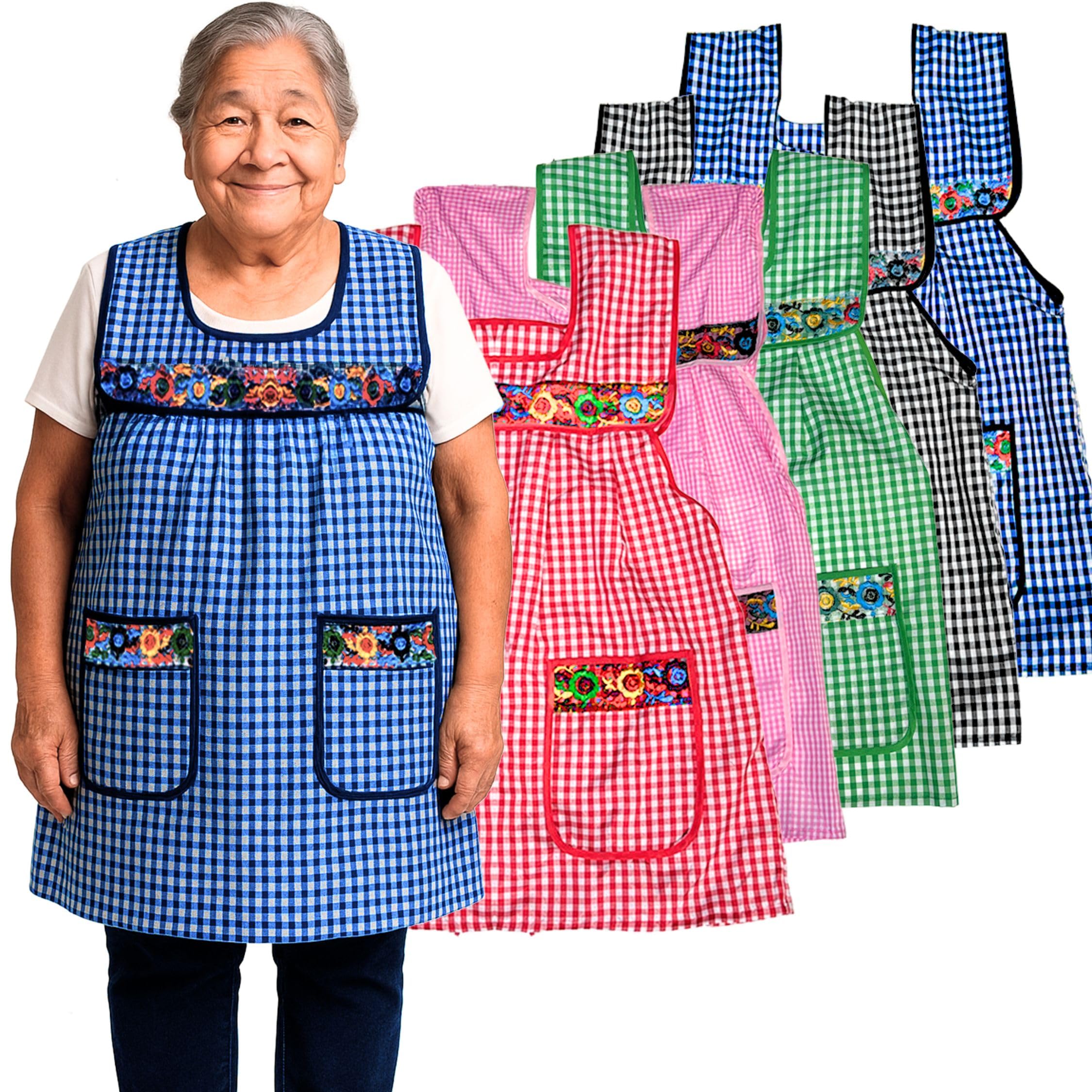 Photo 1 of *Missing Parts* Traditional Mexican apron for women with pockets beautiful flower embroidery - Mandiles para mujer de cocina mexicanos - Mexican style aprons for women, BLUE APRON ONLY