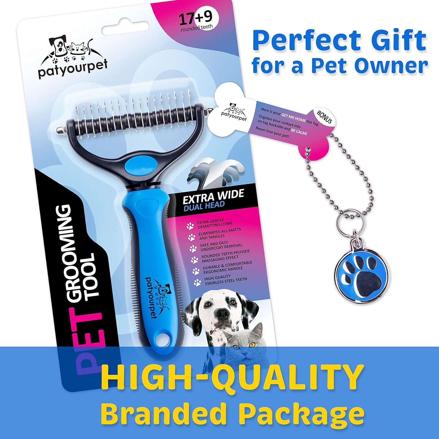 Pet Grooming Tool - 2 Sided Undercoat Rake for Cats & Dogs - Safe Dematting Comb for Easy Mats & Tangles Removing - No More Nasty Shedding and Flying Hair: Pet Supplies