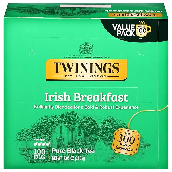 TWININGS IRISH BREAKFAST BLACK TEA INDIVIDUALLY WRAPPED BAGS, 100 COUNT (PACK OF 1), FLAVOURFUL, BOLD, AND ROBUST, CAFFEINATED, ENJOY HOT OR ICED, 100 TEABAGS