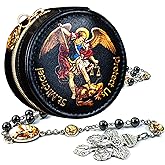 SUTANALE St. Michael the Archangel Catholic Rosary Necklace for Men, 8MM Black Hematite Prayer Beads Packed in Travel Jewelry Box, Rosary Beads Catholic Saints Gifts for Men