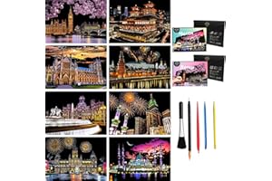 TOULIDEIFARIA 8 Sheets Rainbow Scratch Art City Building Scratch Paper Foil Art for Adults Colorful Sketches Scratch Off Coloring Book Gifts for Craft Lovers、Girls 、Boys for Valentines、Christmas(City Series)