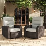 LayinSun Oversized Wicker Outdoor Swivel Glider Recliner with Adjustable Backrest & Footrest, Patio Reclining Lounge Chair - Set of 2