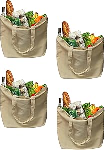 Earthwise Organic Cotton Reusable Grocery Shopping Bags Canvas Large Machine Washable Eco Friendly Biodegradable, Foldable, Durable, great for Craft Bags, 18 inches W x 14.2 inches H (Pack of 4)