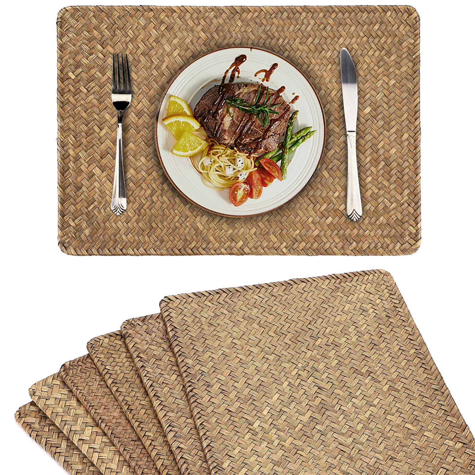 BSTKEY Pack of 6 Natural Seagrass Rattan Placemats, Woven Table Mat Place Mat Coffee Pad for Dining Table and Kitchen, Rectangular 17" x 11.8" (Coffee)