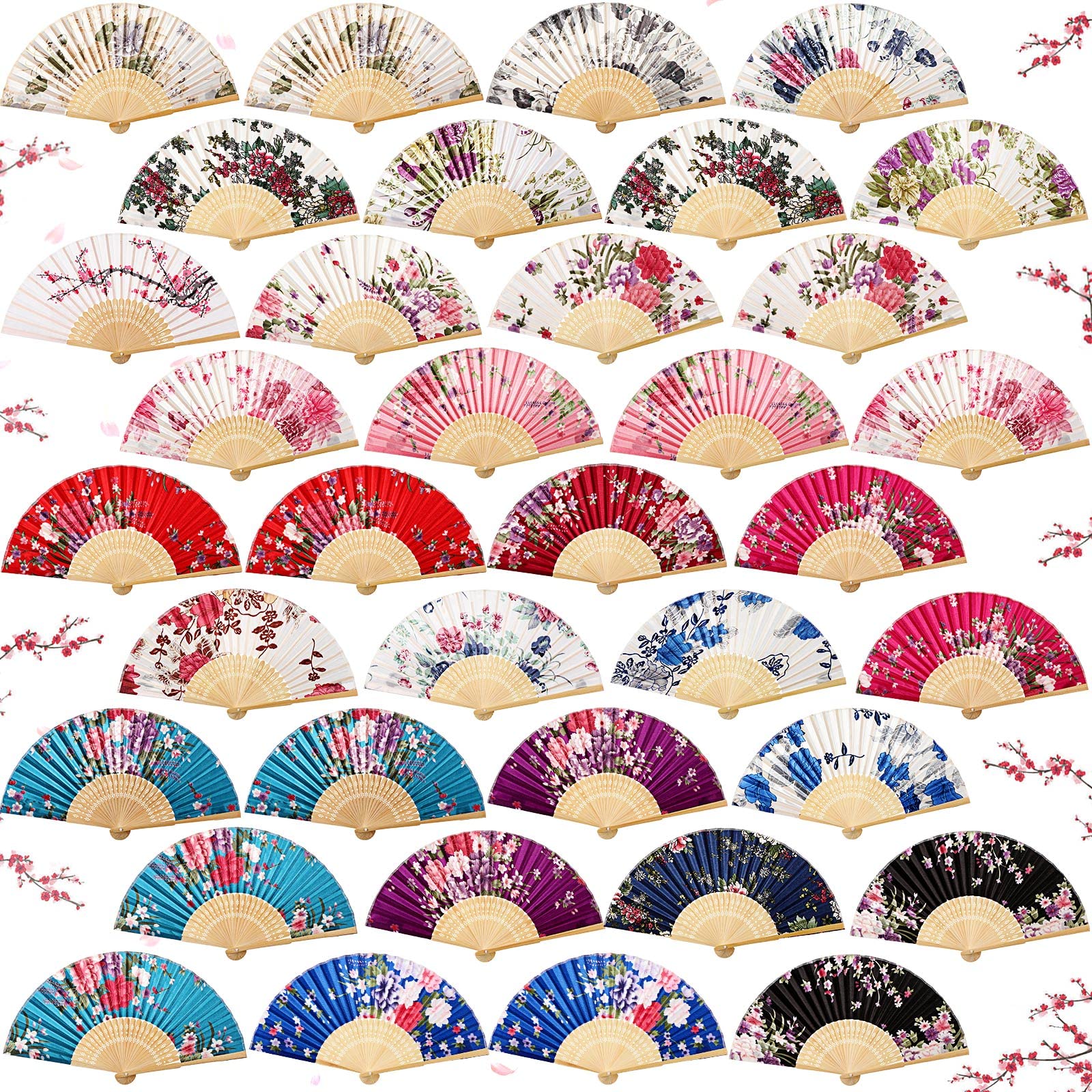 Photo 1 of 36 Pcs Floral Folding Hand Fan for Women Decorative Folding Fan with Different Flower Patterns Cloth Chinese Fan Asian Foldable Bamboo Fan Vintage Handheld Fan for Dancing Wedding Church Party Decor
