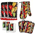 J&M Home Fashions Cotton Printed Kitchen Dish Towels, Pot Holder and Oven Mitt, Set of 8 for Cooking, Baking, Housewarming, Host/Hostess, Wedding Registy, Mother's Day Gifts-Caliente
