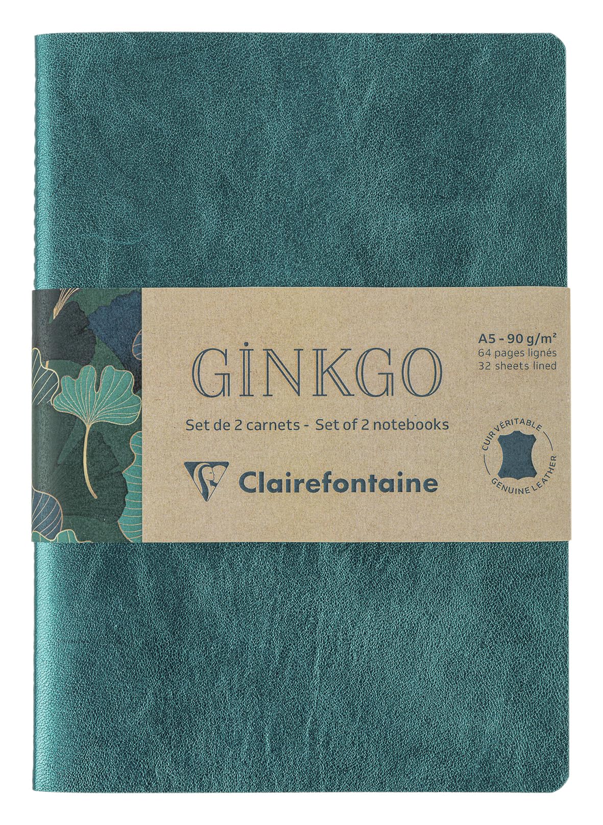 Clairefontaine 115948C - Set of 2 Notebooks Sewn Thread/Plain Leather Notebook and Ginkgo Leaf Pattern Card A5-14,8x21cm 64 Lined Pages Ivory 90g - Mixed — image 1