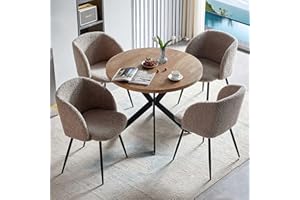 NORDICANA 5 Pieces 37-Inch Round Dining Table and Upholstered Chairs for Four Person, MDF Table-top, Light Brown Fuzzy Sherpa Armchairs with Black Metal Leg for Kitchen, Reception Room