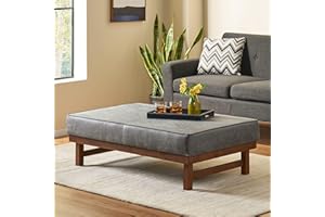 Large Square Ottoman Coffee Table, Faux Leather Plush Cushion, Slate + Walnut, Versatile Living Room, Bedroom & Entryway Seat
