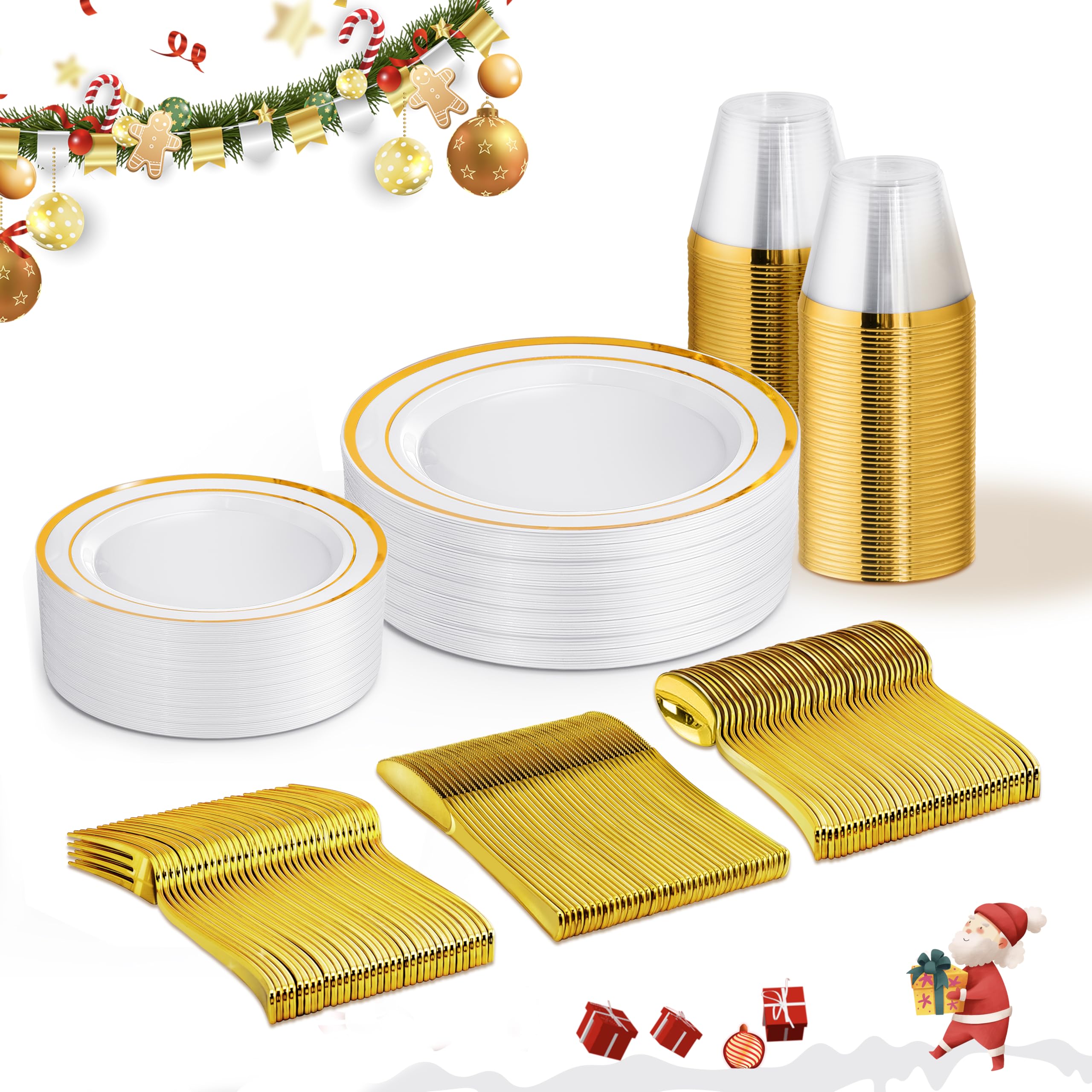 Photo 1 of 150 PCS Gold Disposable Dinnerware Set for 25 Guests, Gold and White Plastic Plates for Party, 25 Dinner & Salad Plates, 25 Cups, 25 Forks Knives Spoons for Wedding and Party Supplies