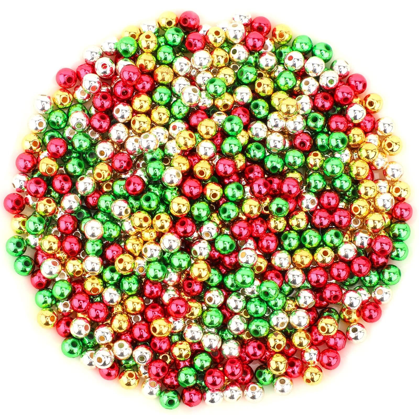 UPINS 1500 Pcs Christmas Beads for Jewelry Making - 6mm Red, Green, Gold & Silver Round Spacer Beads DIY Craft Kit