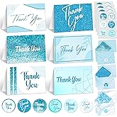 Decorably 24 Pack Glittery 6x4in Light Blue Thank You Cards with Envelopes & Stickers, 6 Elegant Designs for Friends, Loved Ones, Blank Inside - All Occasions, Wedding, Baby Shower, Gifting, Mailing