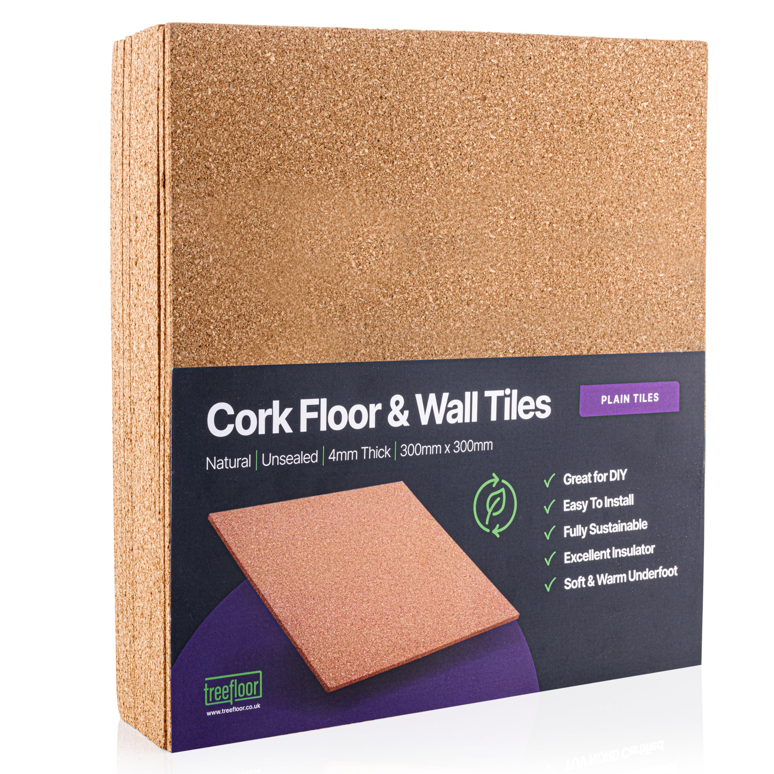 Treefloor Natural Plain Cork Tiles - 300mm x 300mm x 4mm (Pack of 16)