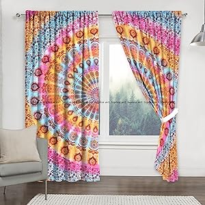 Sophia-Art Exclusive Multi Tye Dye Beautiful Mandala Curtain Hippie Wall Hanging Door Window Large Curtains 2 PC Style Traditional Hippie Curtain Panel (Multi)