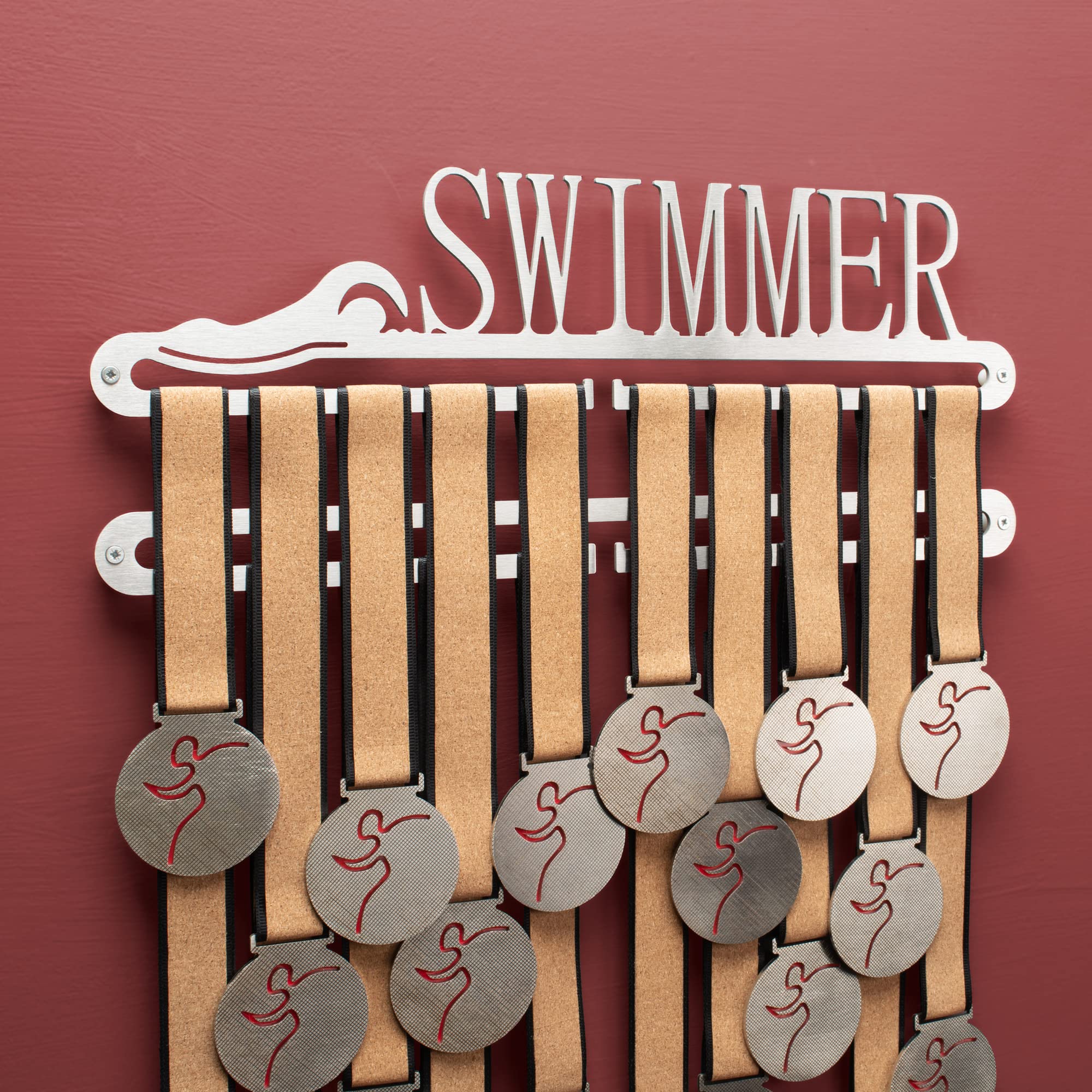 Qthrone Swimming Medal display Double hanger, Swimmer Medal Holder, Brushed Stainless Rack medal holder
