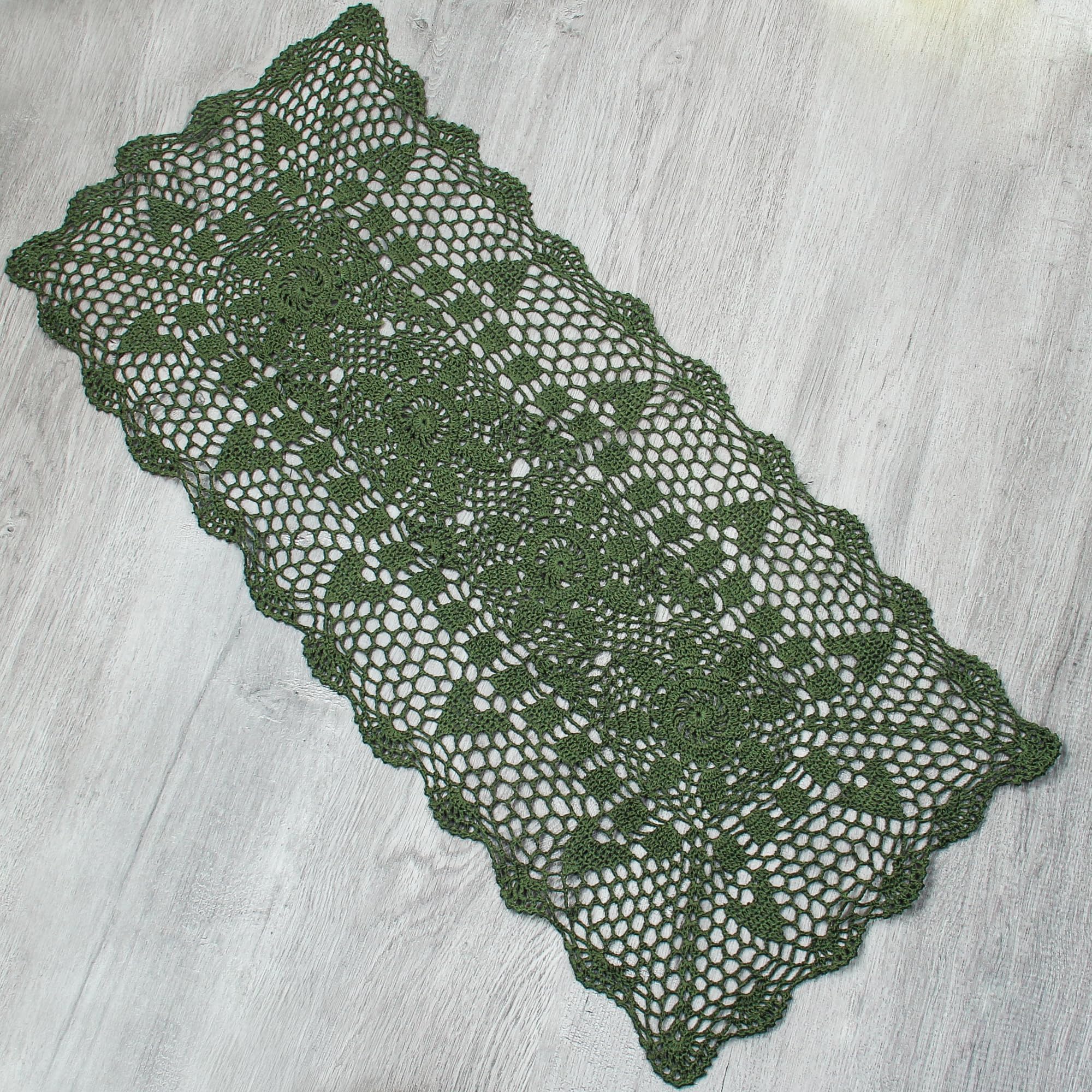 kilofly Handmade Crochet Lace Rectangular Table Runner 15 x 36 Inch, Green
