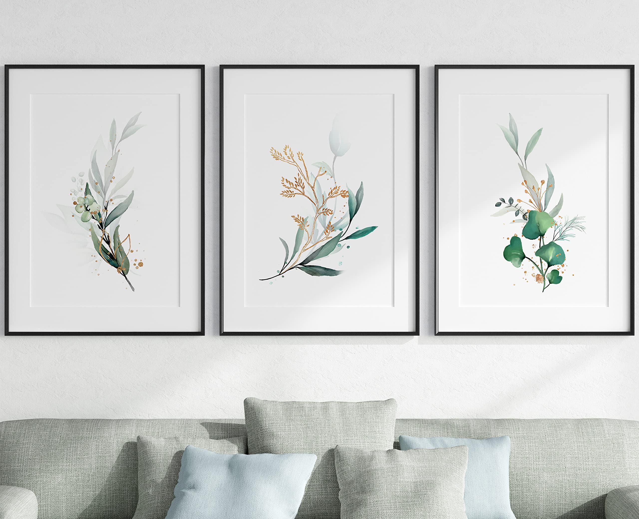 Eviepops Prints Eucalyptus Botanical Wall Art Set of 3 Unframed Prints, Abstract Tropical Plant Decor, Living Room Bedroom Poster Home Decor, Plant Leaves Green Gold (A3)