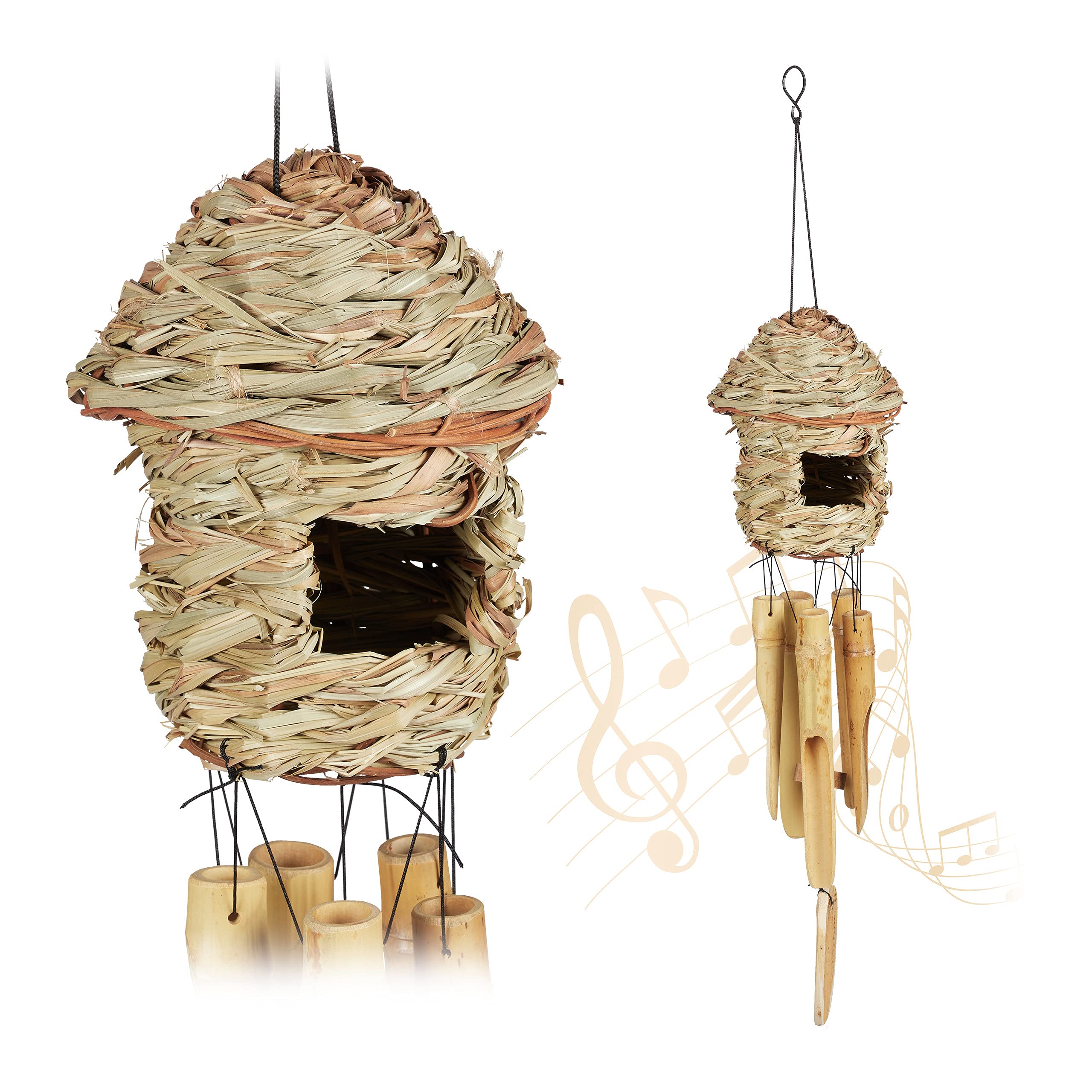 Relaxdays 2x Wind Chimes, Bamboo, Straw, Indoor, Outdoor, Decoration, Garden, Bird House, HxWxD: 67.5x13.5cm, Natural