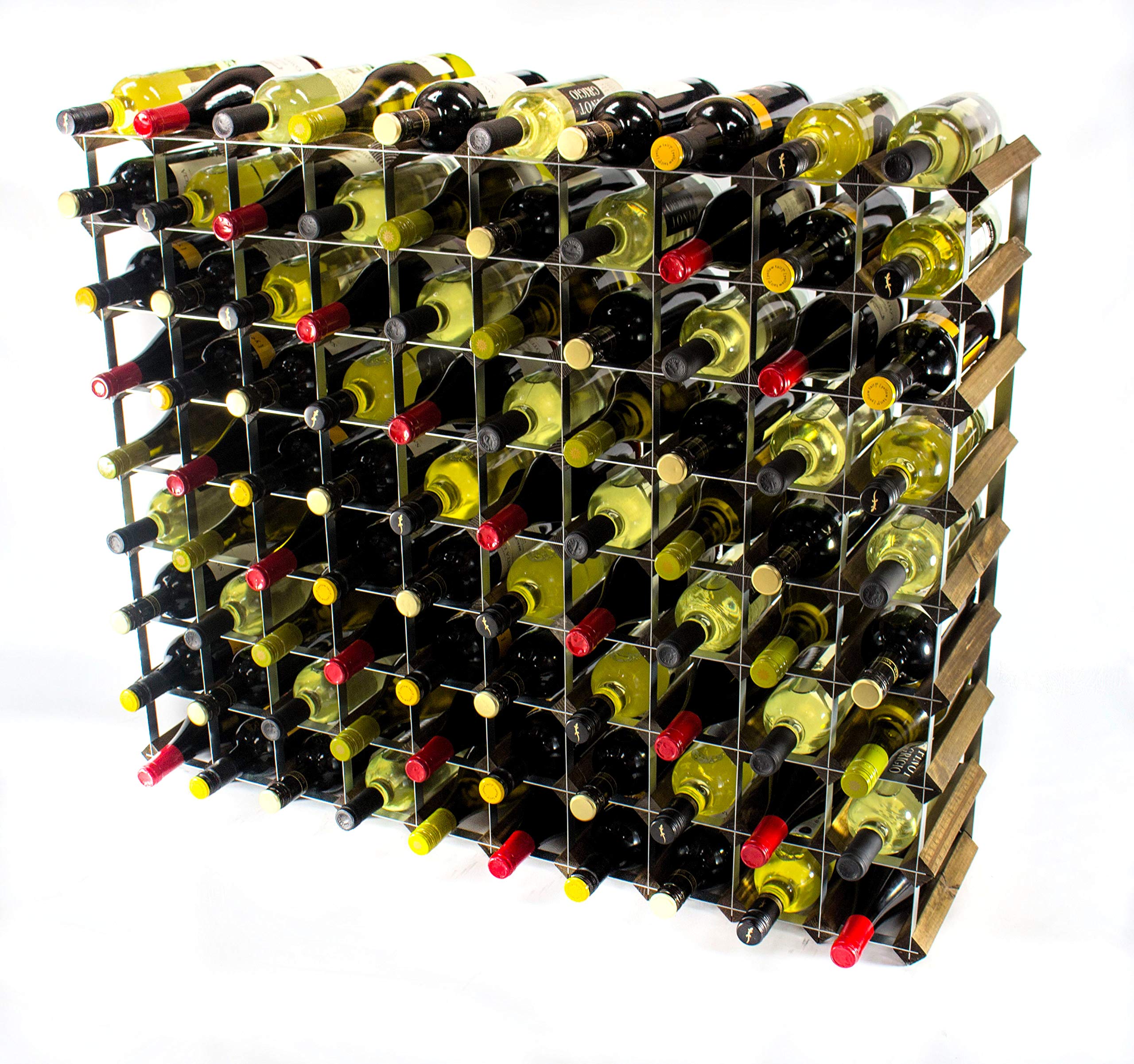 Classic 90 Bottle Walnut Stained Wood and galvanised Metal Wine Rack Ready Assembled