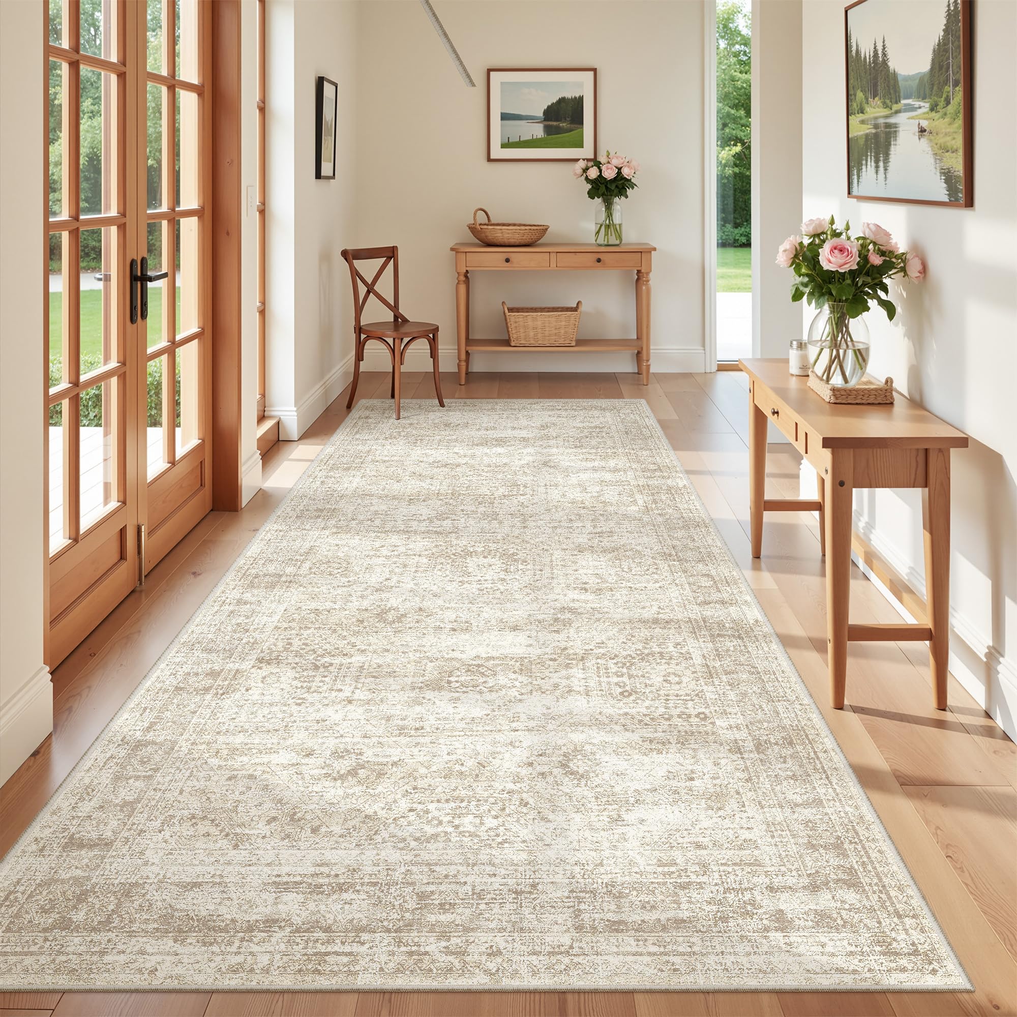 Photo 1 of Restydon 4x8 Rug for Bedroom,Wide Runner Rug for Hallway, Non Slip Washable Runner Rug for Living Room, Low Pile Soft Entryway Kitchen Rug, Modern Home Decor Mat for Dining Room(4'x8', Beige/Ivory)