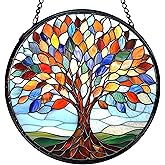 TNUW Tree of Life Suncatcher Stained Glass Window Hanging, Tree of Life Sun Catchers Indoor Window Glass Round Wall Art Decor, Nature Wall Hanging Decorations, 7.9"x7.9"
