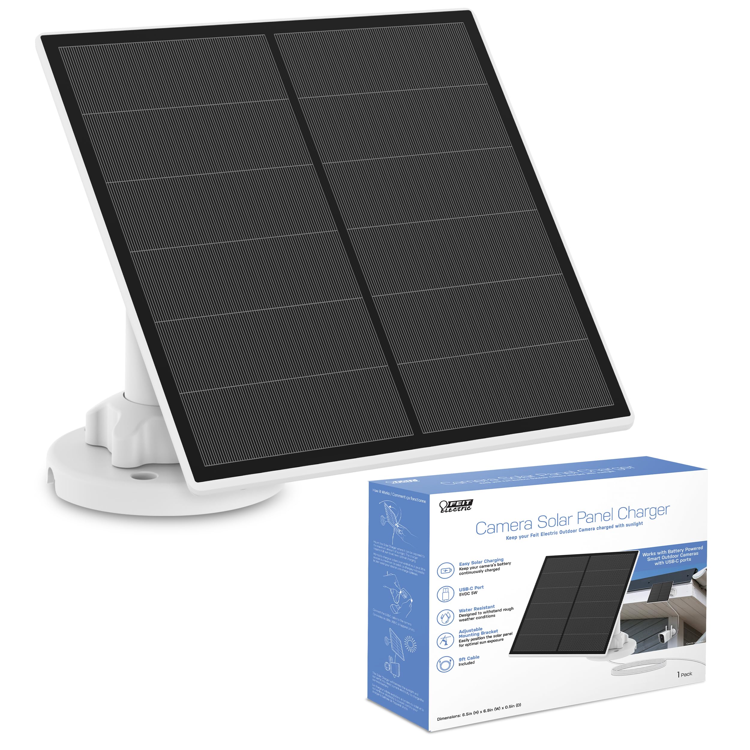 Photo 1 of Feit Electric Solar Panel Continuous Charger Panel/SOL/CAM Compatible Feit Electric Smart Outdoor Camera CAM/WM/WiFi/BAT, 9ft Cord, Micro-USB, Adjustable Mounting Bracket