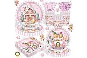 REJOICE BUNNY 120PCS Christmas Gingerbread House Party Supplies for Kids Child Pink Merry Xmas Themd Baby Shower Birthday Holiday Festival Party Decorations Tableware Set Plates Napkin Cups Set for 20 Guests