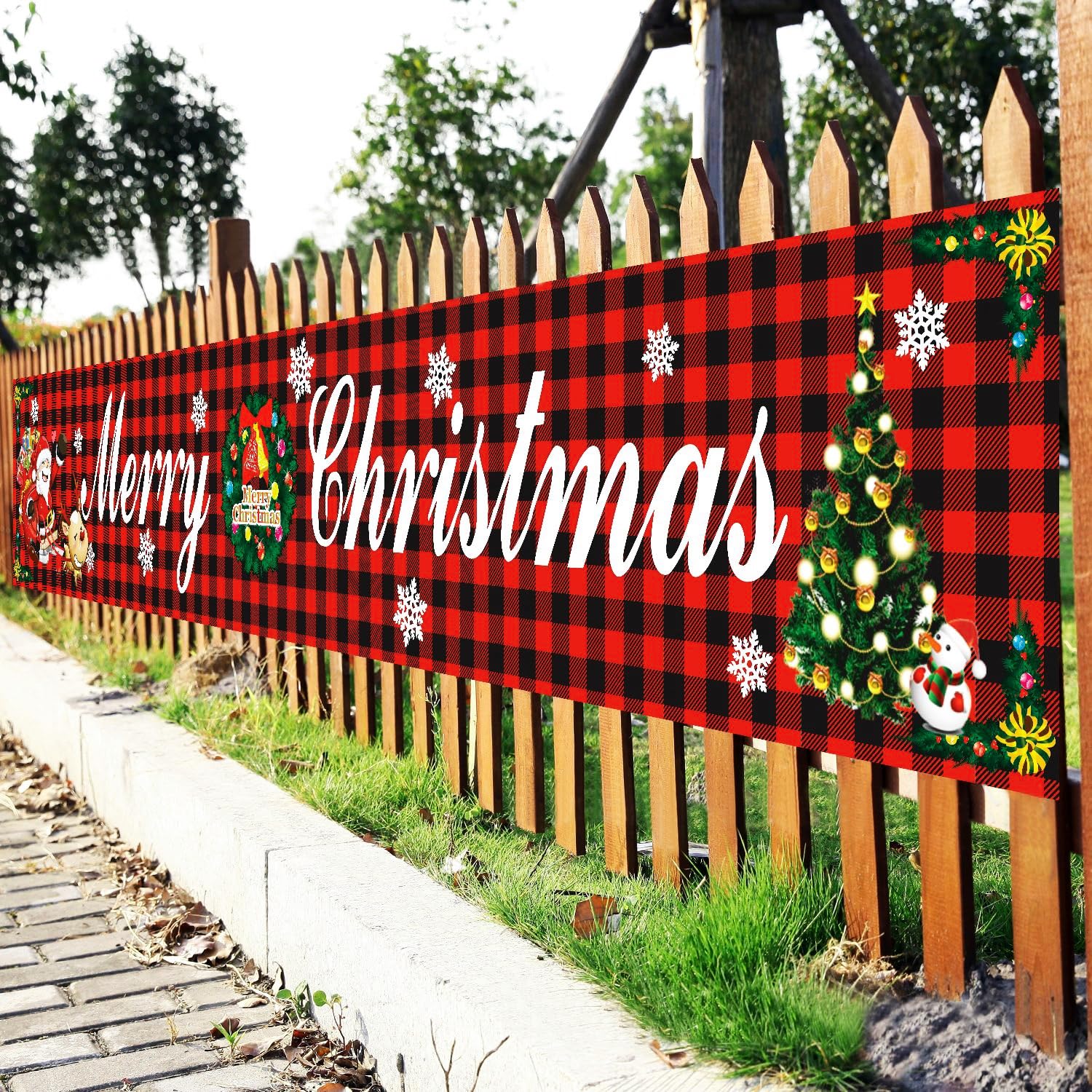 Christmas Banner Outdoor 117” x 19” Large Merry Christmas Banners Decorations for Garden Yard Fence Wall Red Plaid Fabric Xmas Banner Porch Sign with Santa Reindeer Festive Holiday Party Decor
