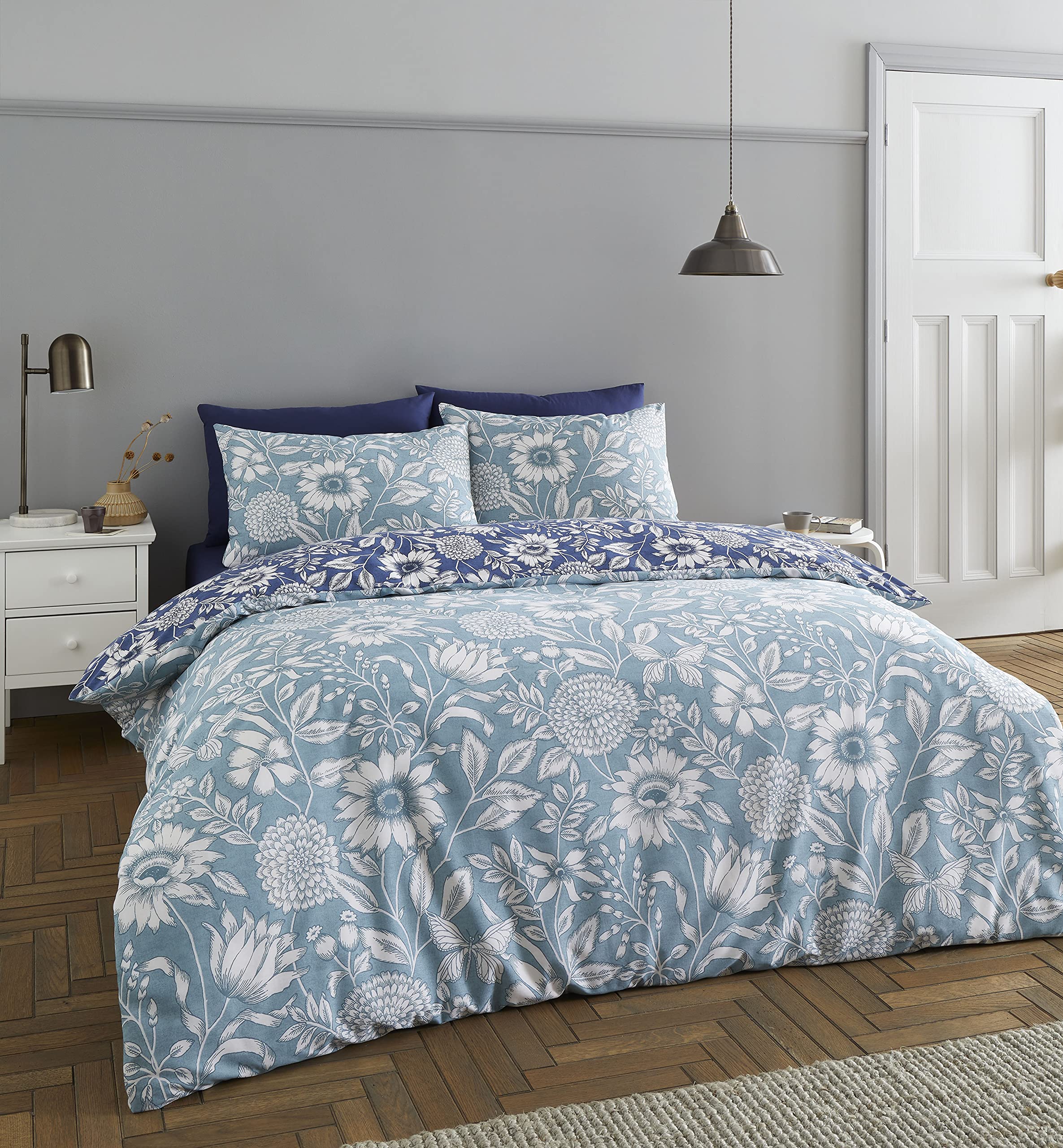 Catherine Lansfield Tapestry Floral Easy Care Double Duvet Set Blue