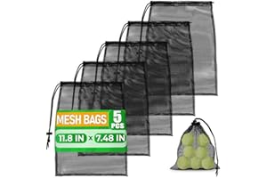 THE LITTLE GREEN CHANGE Small Mesh Bags Drawstring Black 5Pcs 11,8x7,48'' – Strong, Lightweight, Breathable Mesh Bag with Lock, Quick-Dry and Tear-Resistant – Easy to Tighten and Adjust for Travel, Swimming & Ball Storage