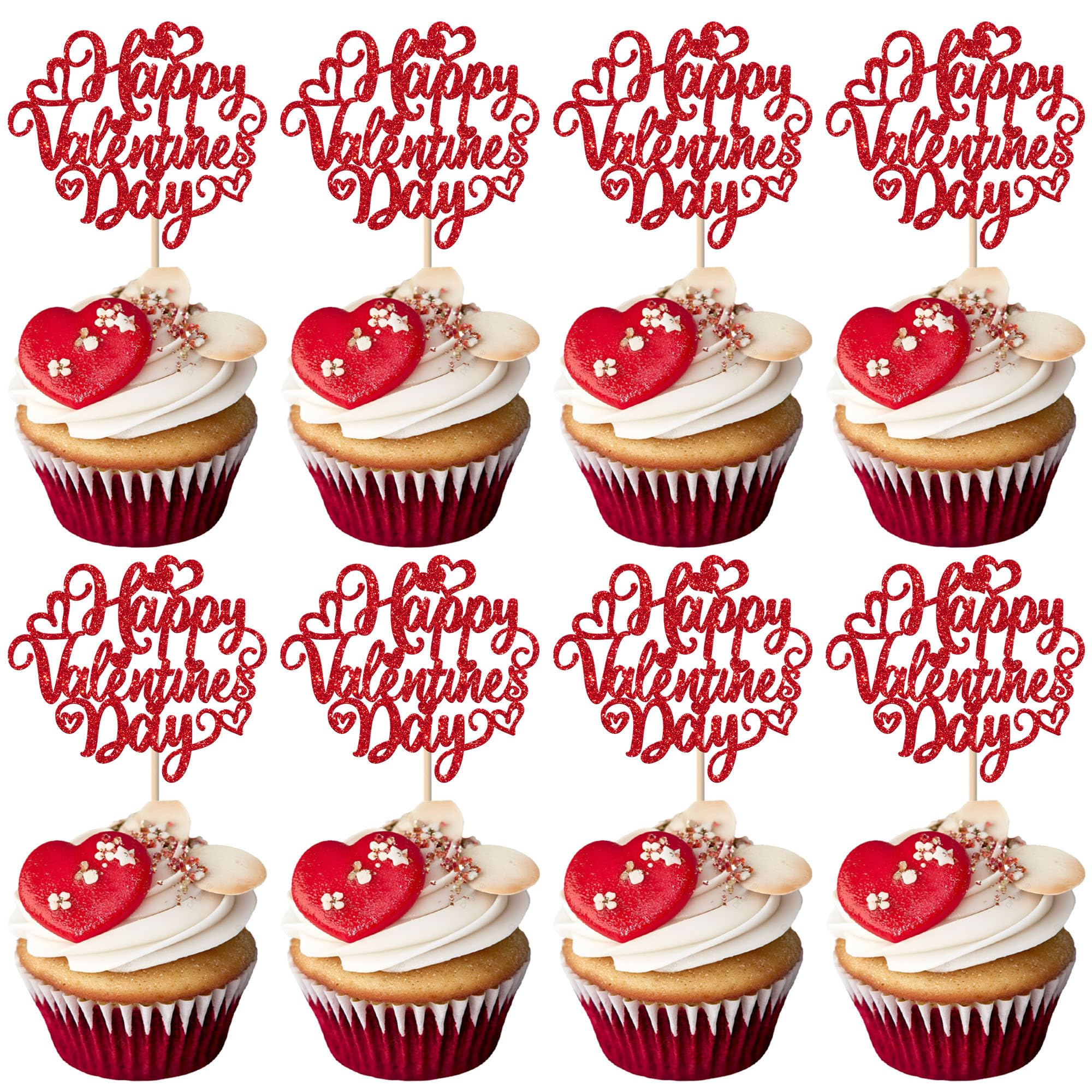SYKYCTCY 24 Happy Valentine's Day Cupcake Toppers Glitter with Heart Glitter Sweet Love Cupcake Picks for Valentine's Day Theme Birthday Party Cake Decorations Supplies Red