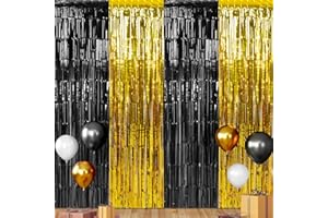ZACHELY 3Pack 3.3Ft x 6.6Ft Graduation Foil Fringe Curtain Backdrop Decorations, Black Gold Metallic Tinsel Foil Streamers Curtain Photo Booth Background for Graduation Prom Wedding Birthday Party Decorations