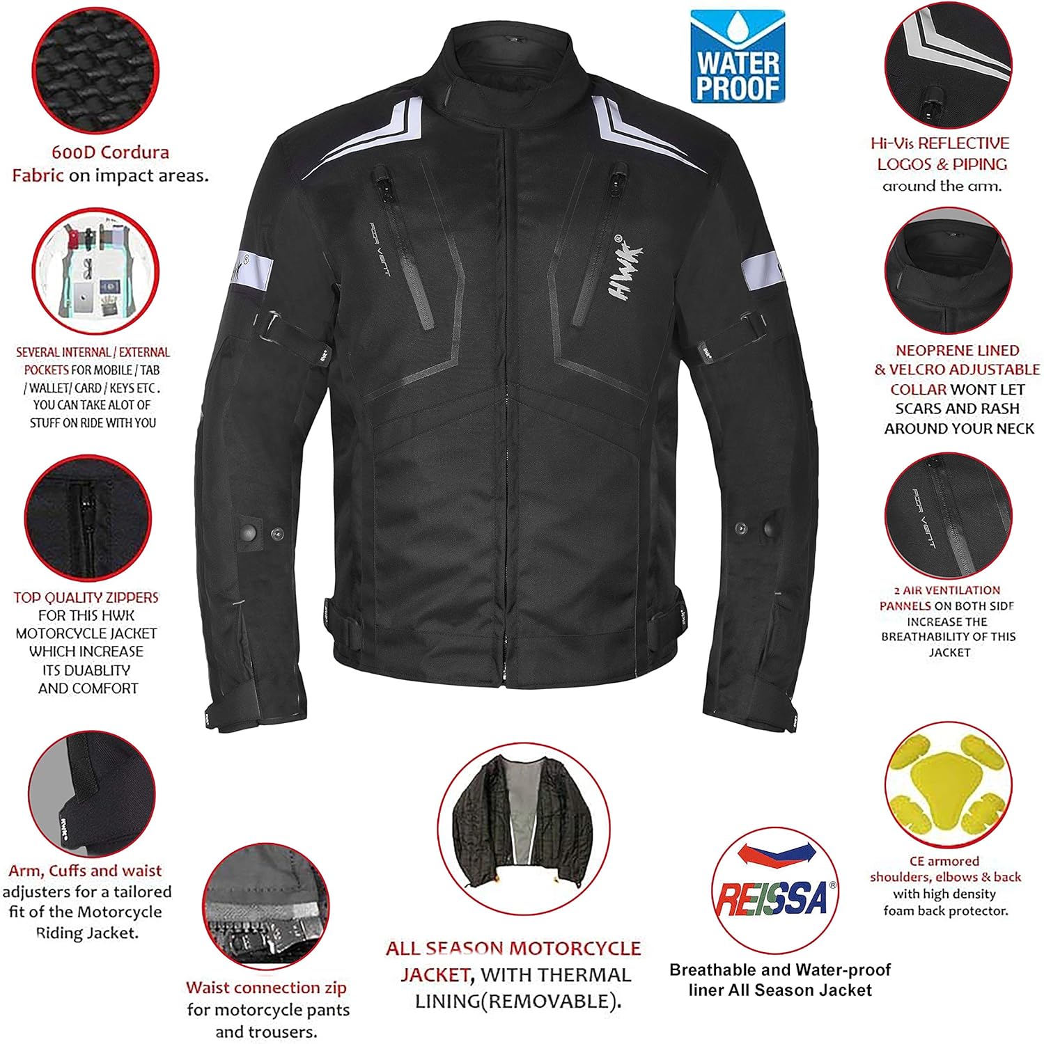 Motorcycle Jacket For Men Textile Motorbike Dualsport Enduro Motocross Racing Biker Riding CE Armored Waterproof All-Weather (Black, Large): Automotive