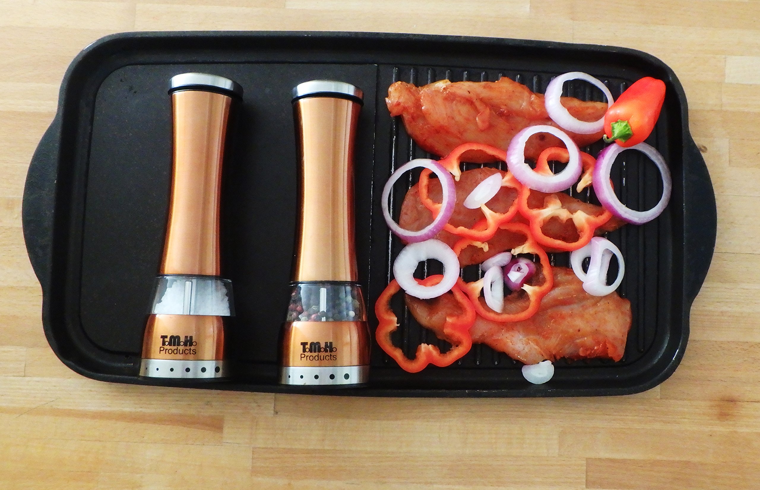 Electric Salt & Pepper Grinder Set by T.M.H. Products | Adjustable Grinder Mills, Simple to Use with Strong & Durable Mechanism | Polished Stainless-Steel | Brushed Copper Color and Built-In LED Light